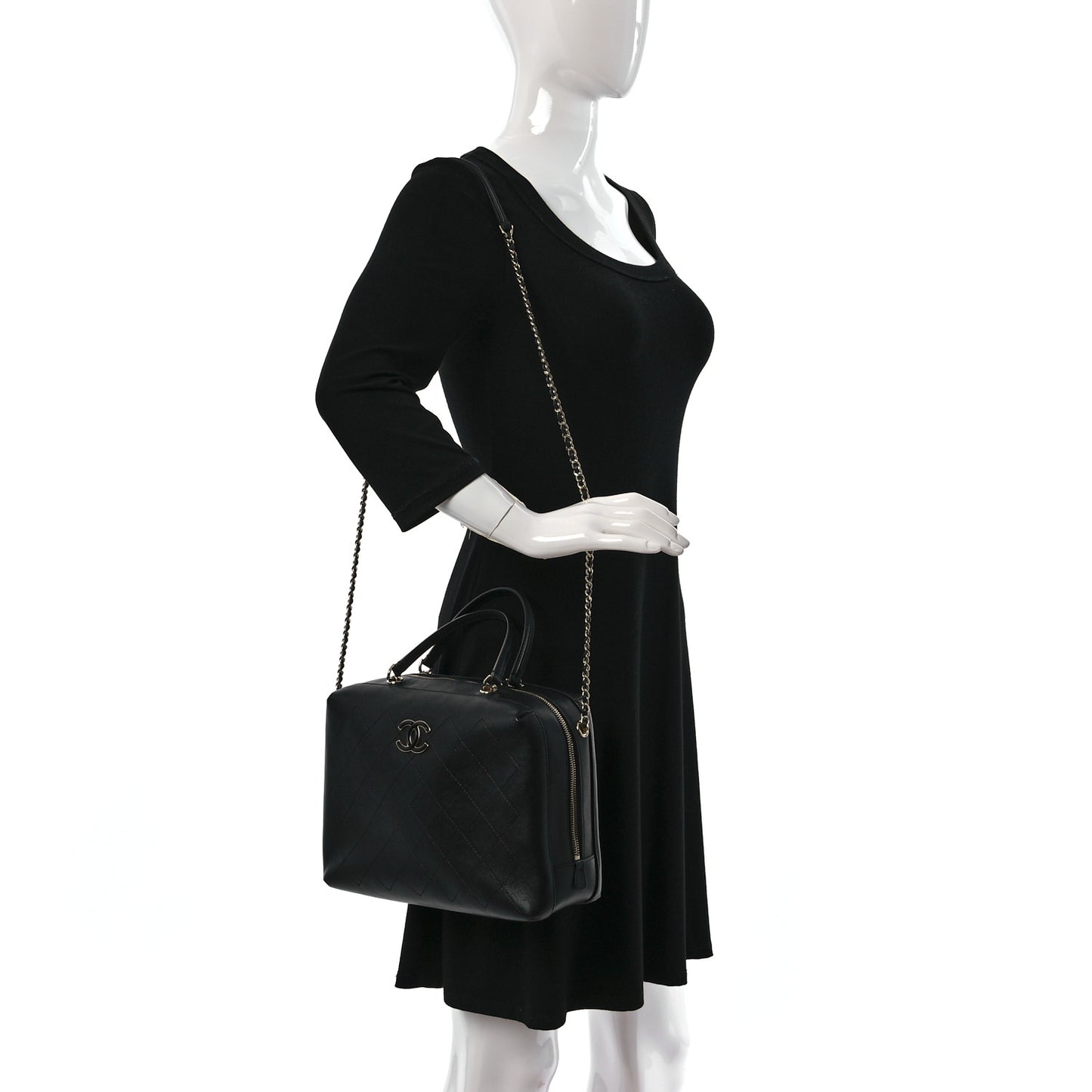 Calfskin Stitched Sleek Box Top Handle Vanity Bag Black