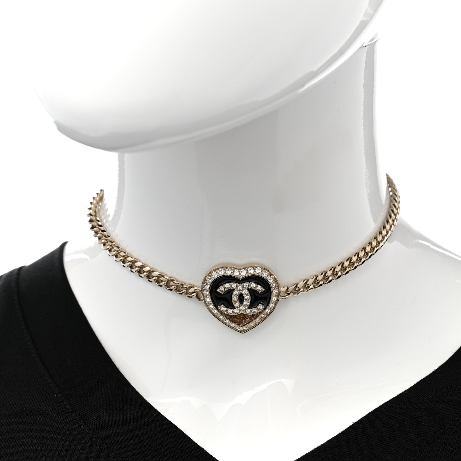 Chanel Resin Crystal Glitter CC Heart Choker Necklace Black Gold 2 of 7