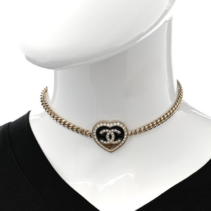 Chanel Resin Crystal Glitter CC Heart Choker Necklace Black Gold 2 of 7