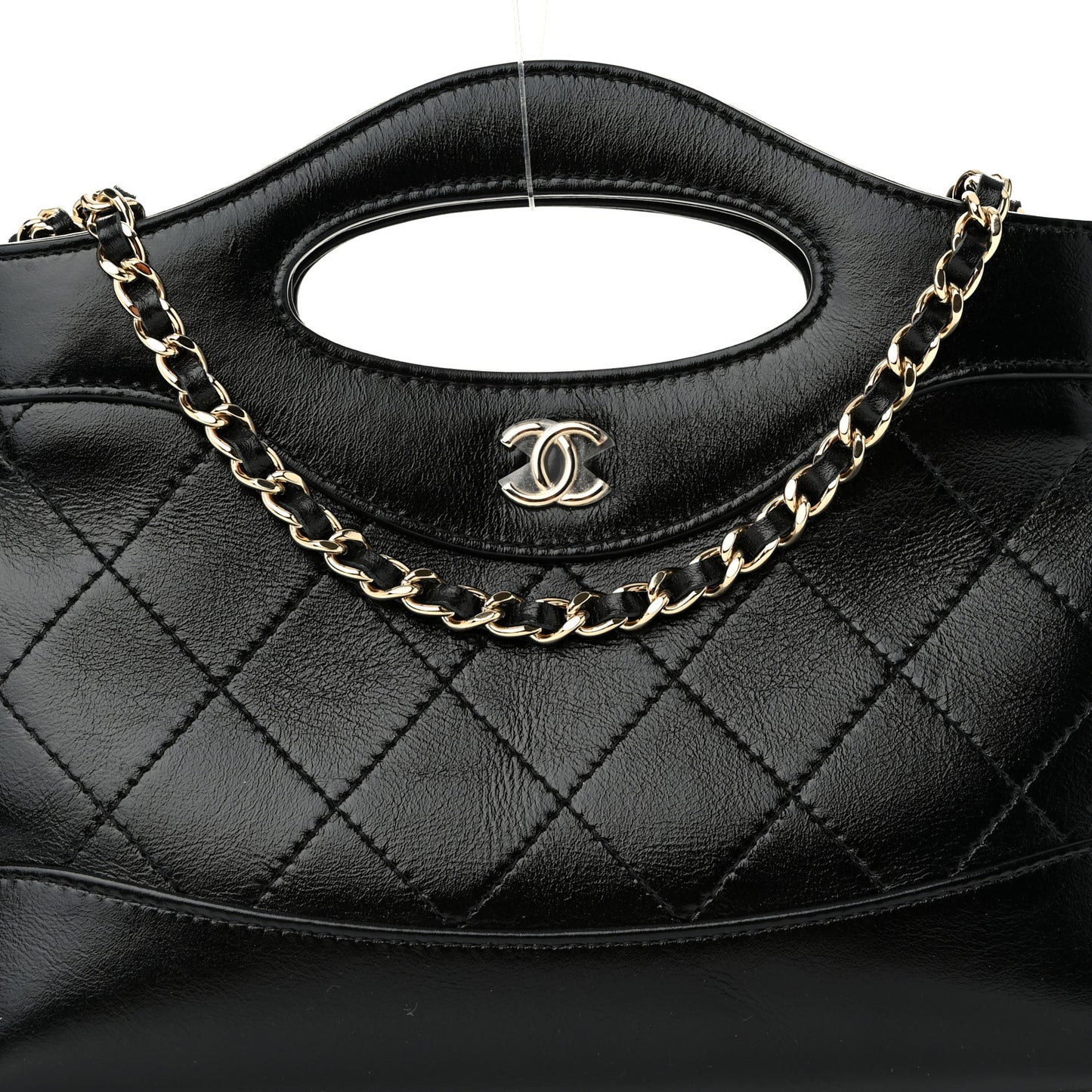 Shiny Crumpled Calfskin Quilted Nano 31 Shopping Bag Black