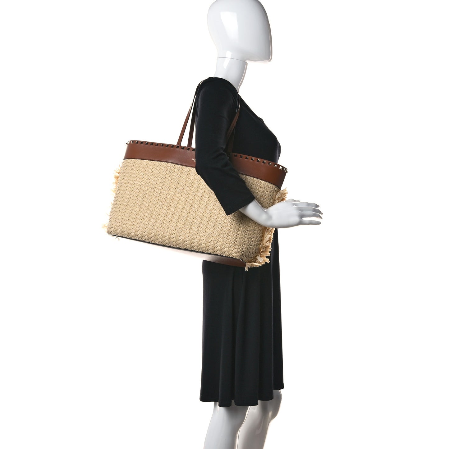 Raffia Calfskin Rockstud Shoulder Tote Naturale Saddle Brown