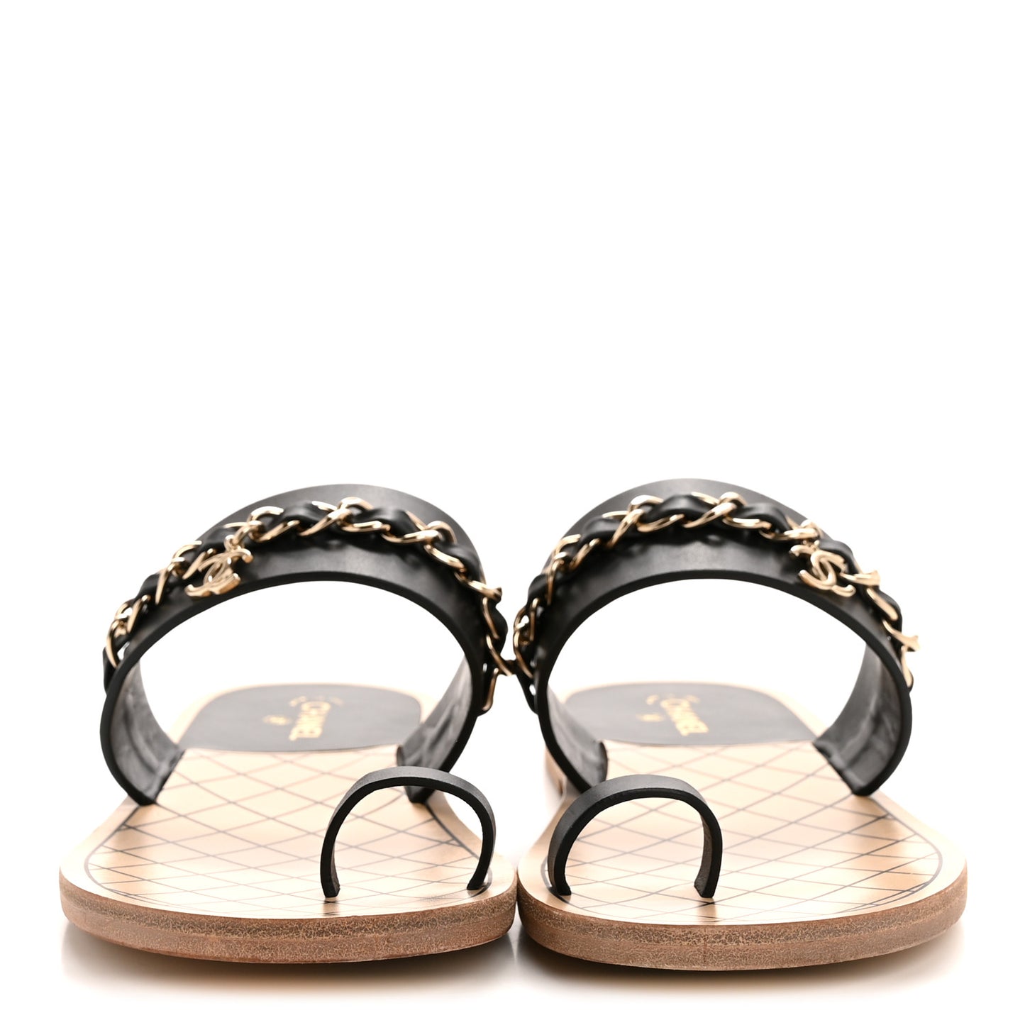 Calfskin Chain CC Logo Toe Ring Sandals 38.5 Black