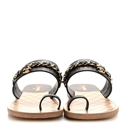 Chanel Calfskin Chain CC Logo Toe Ring Sandals 38.5 Black 3 of 9