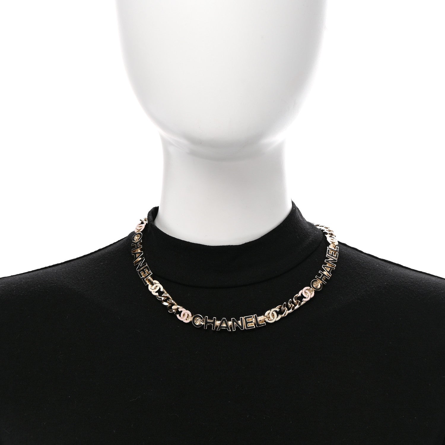Chanel Enamel Metal Logo Choker Necklace Gold White Black Pink 2 of 6