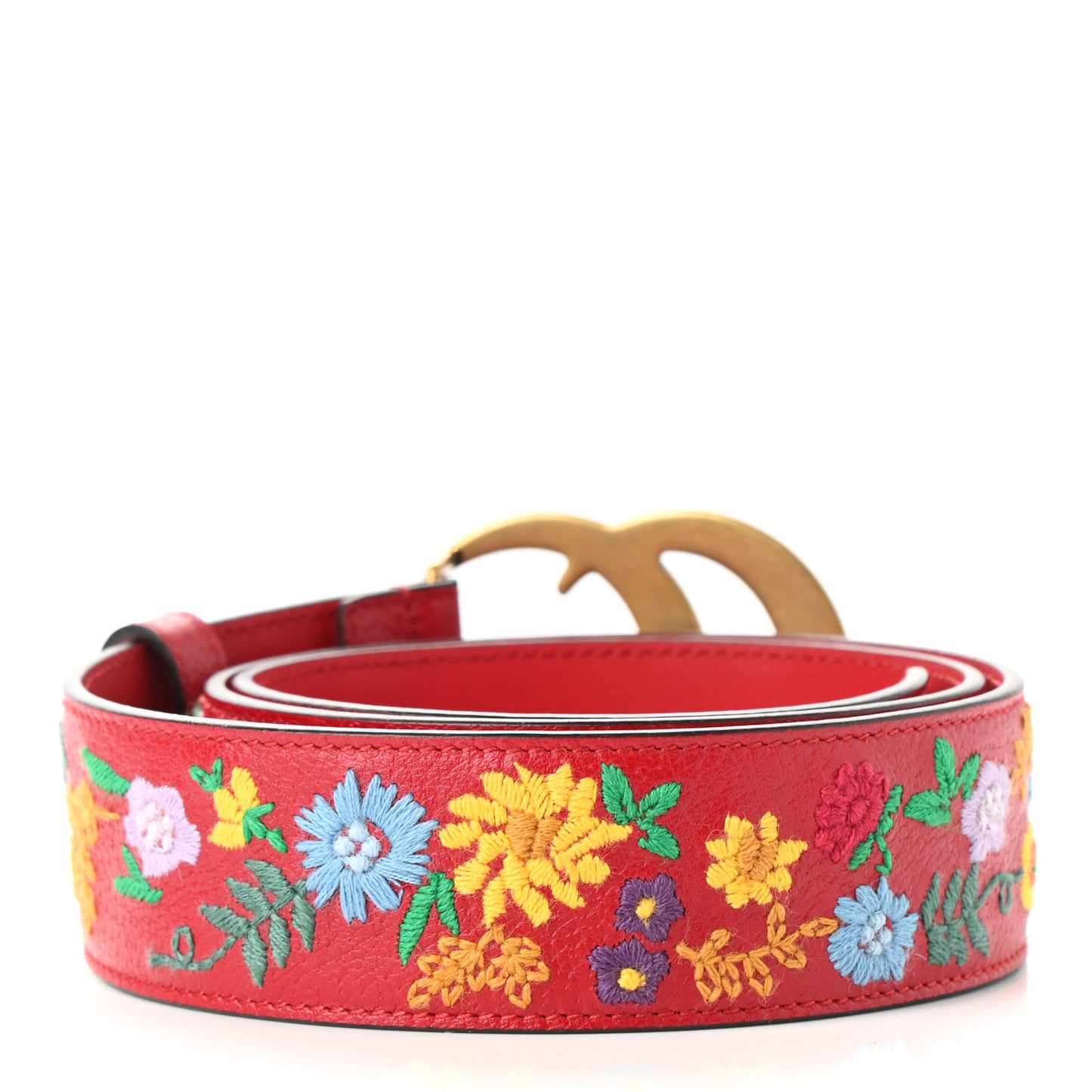 Textured Calfskin Flower Embroidered Double G 40mm Belt 90 36 Hibiscus Red