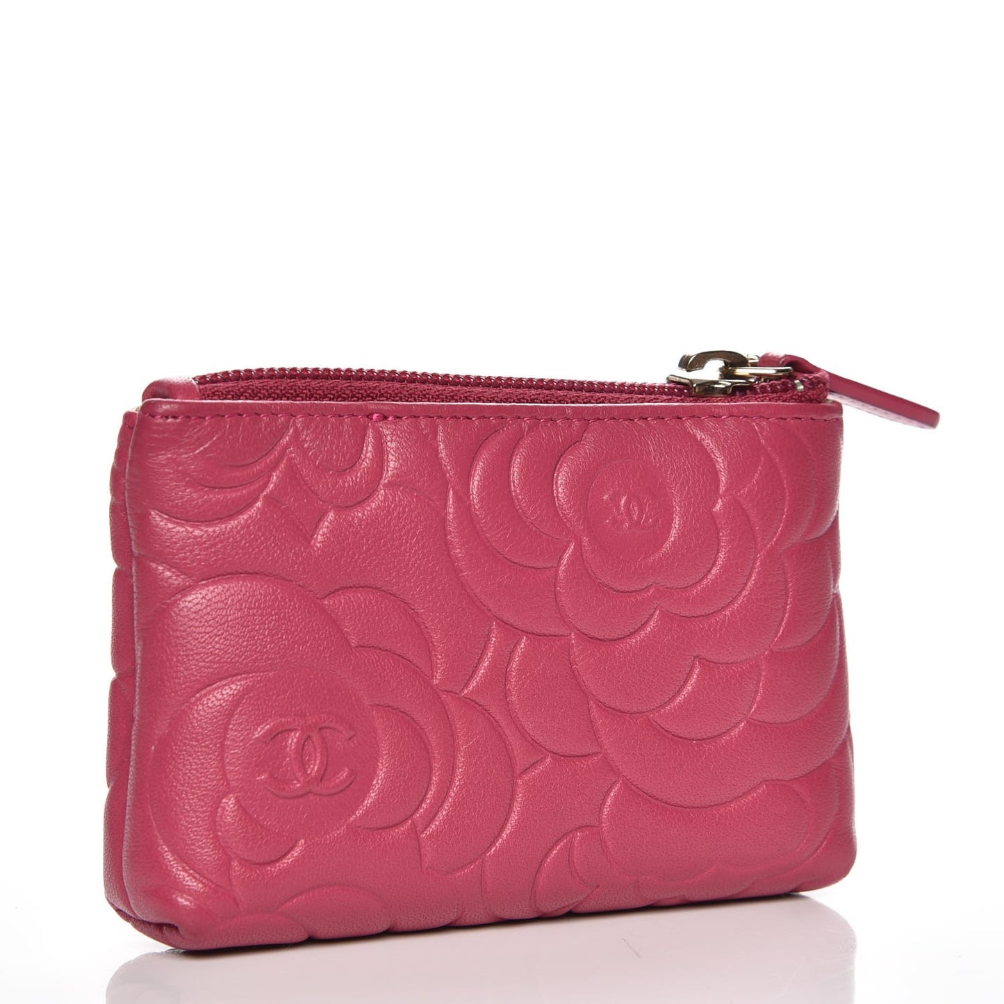 Lambskin Camellia Embossed Zip Case Fuchsia
