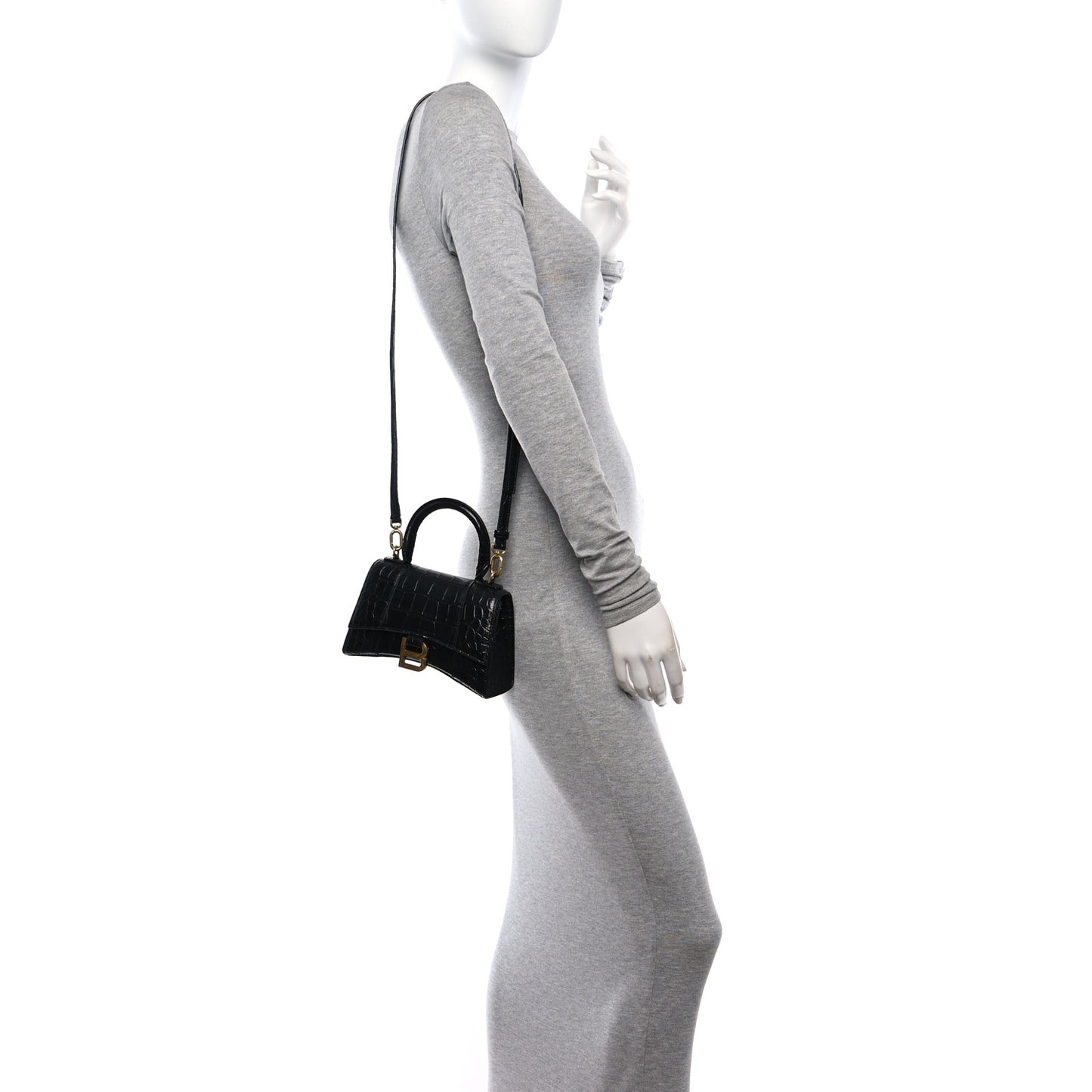 Shiny Calfskin Crocodile Embossed Hourglass Top Handle Bag XS Black