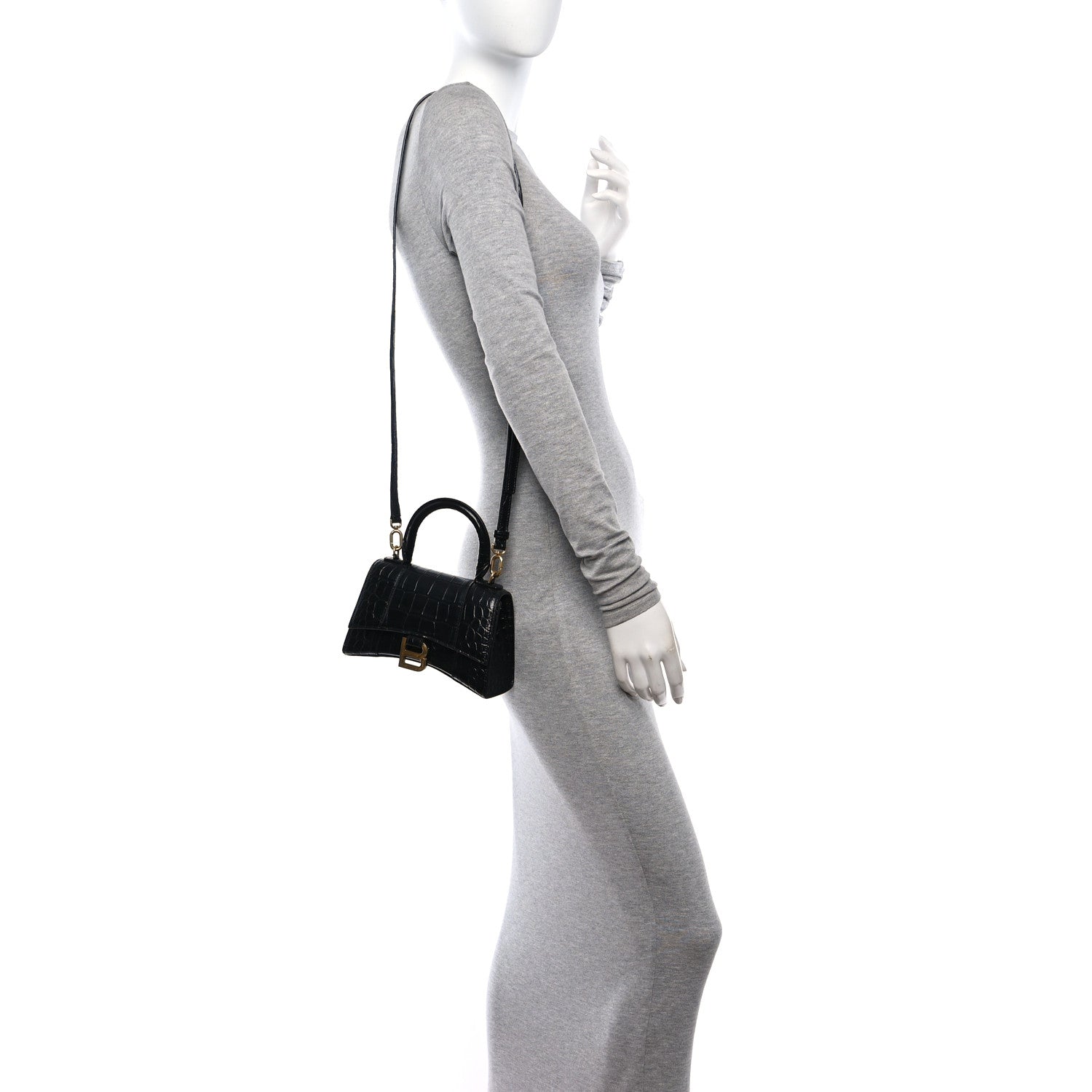 Balenciaga Shiny Calfskin Crocodile Embossed Hourglass Top Handle Bag XS Black 2 of 9
