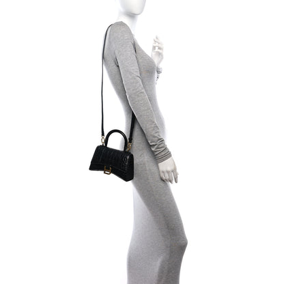 Balenciaga Shiny Calfskin Crocodile Embossed Hourglass Top Handle Bag XS Black 2 of 9