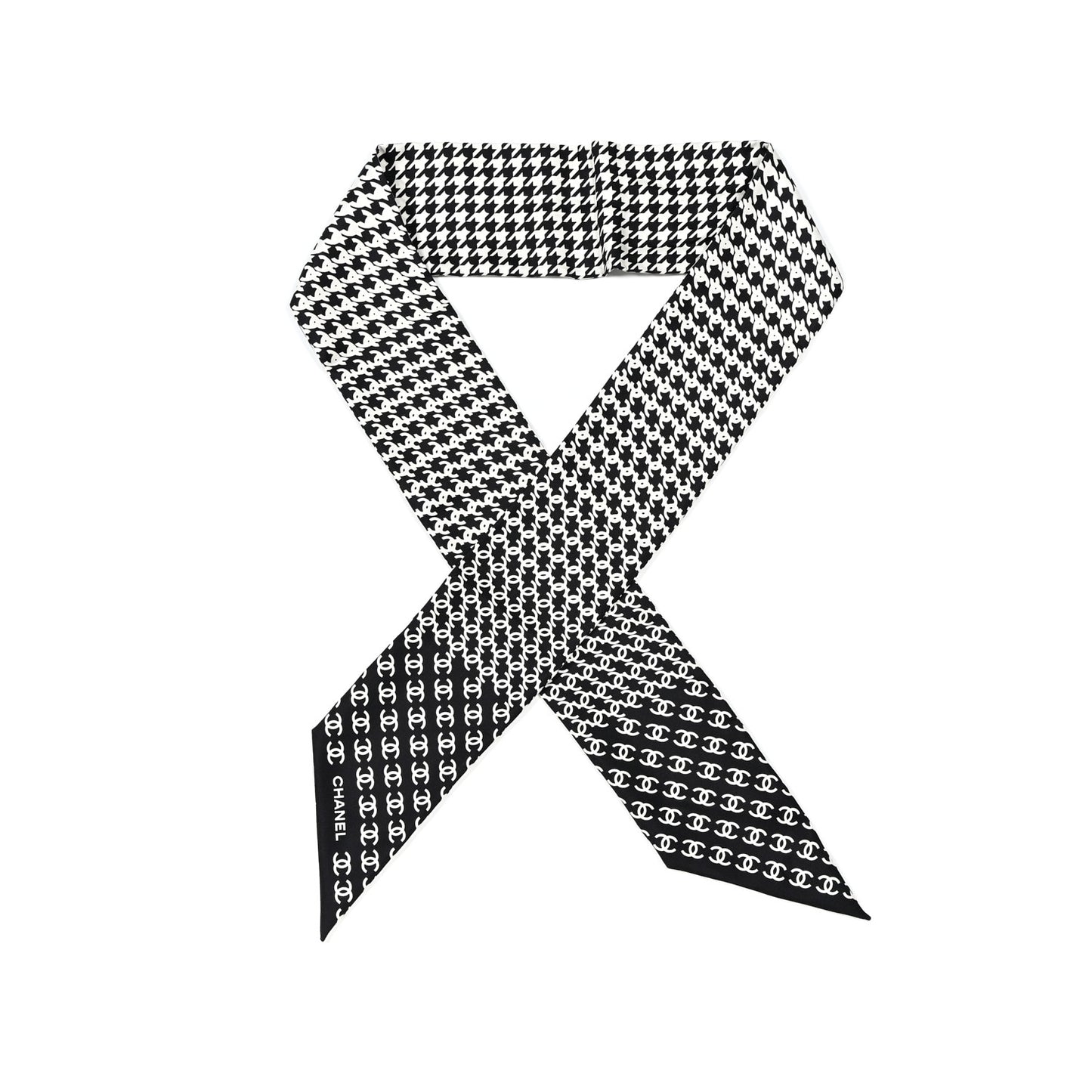 Silk Twill Houndstooth Slim Bandeau Scarf Black Ecru