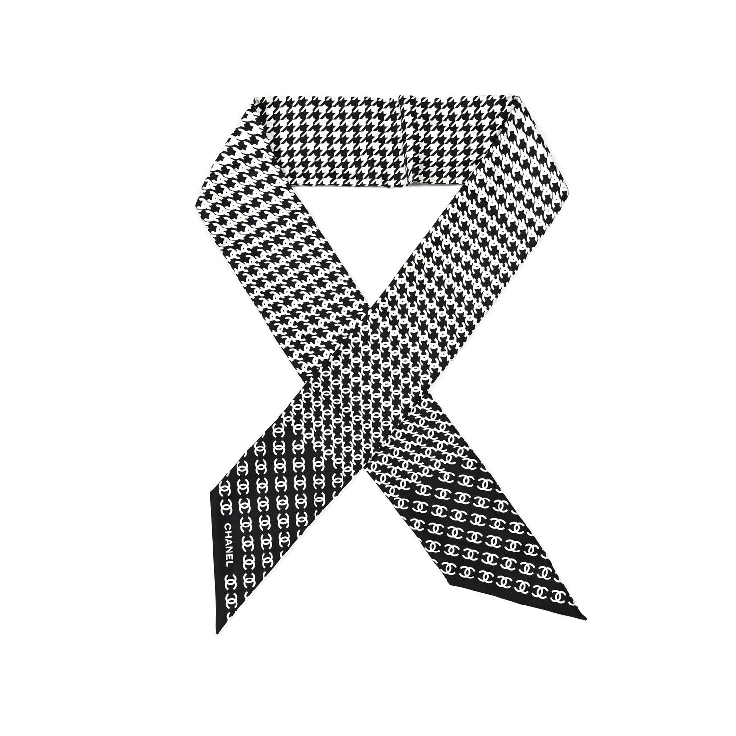 Chanel Silk Twill Houndstooth Slim Bandeau Scarf Black Ecru 1 of 3