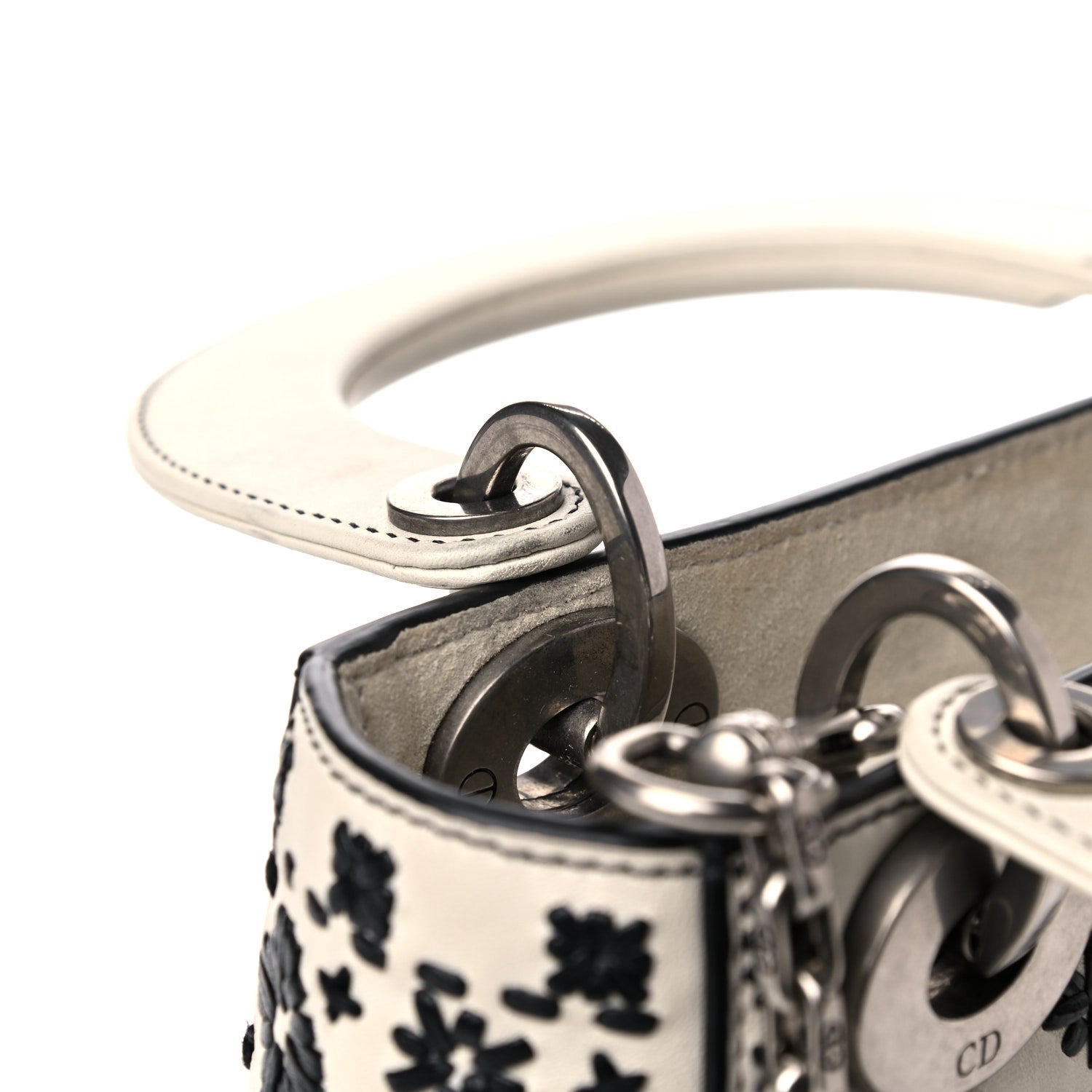 Christian Dior Calfskin Floral Embroidered Mini Lady Dior Black White 15 of 17
