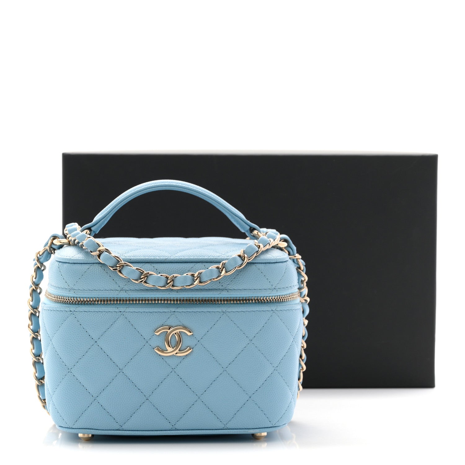 Chanel Caviar Quilted Top Handle Vanity Case With Chain Blue 11 of 11