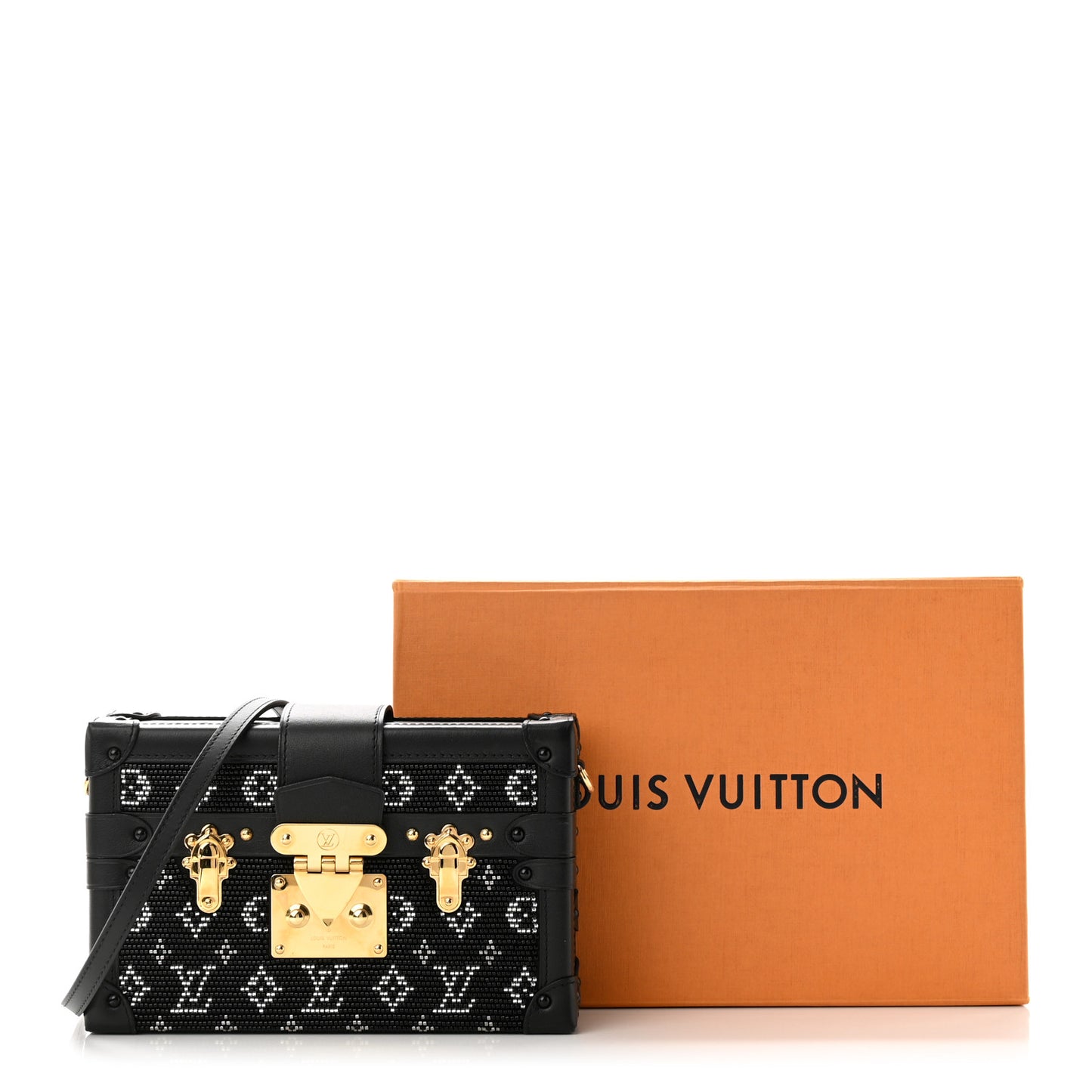 Calfskin Beaded Monogram Petite Malle Black