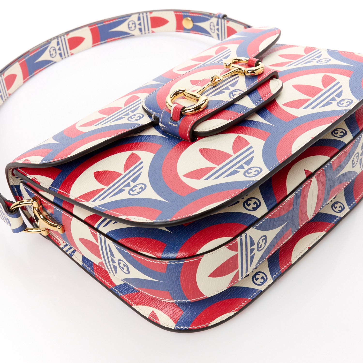 Gucci X ADIDAS Shangai Calfskin Web Trefoil Interlocking G Small Horsebit 1955 Shoulder Bag Red White Blue 11 of 13