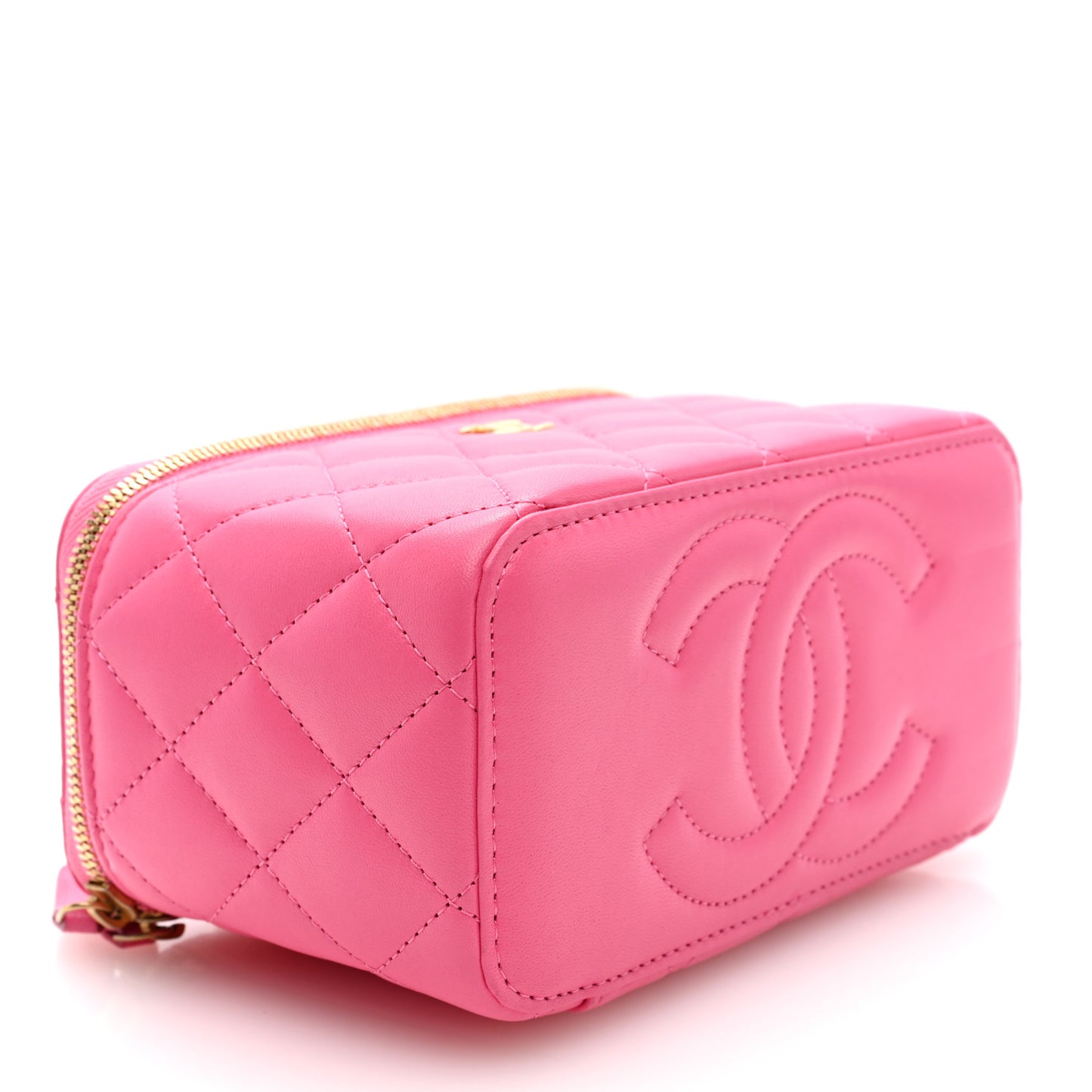 Lambskin Enamel Quilted Small Coco Hearts Vanity Case With Chain Pink