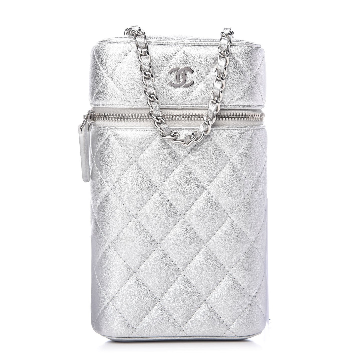 Metallic Lambskin Quilted Phone Holder With Chain Silver