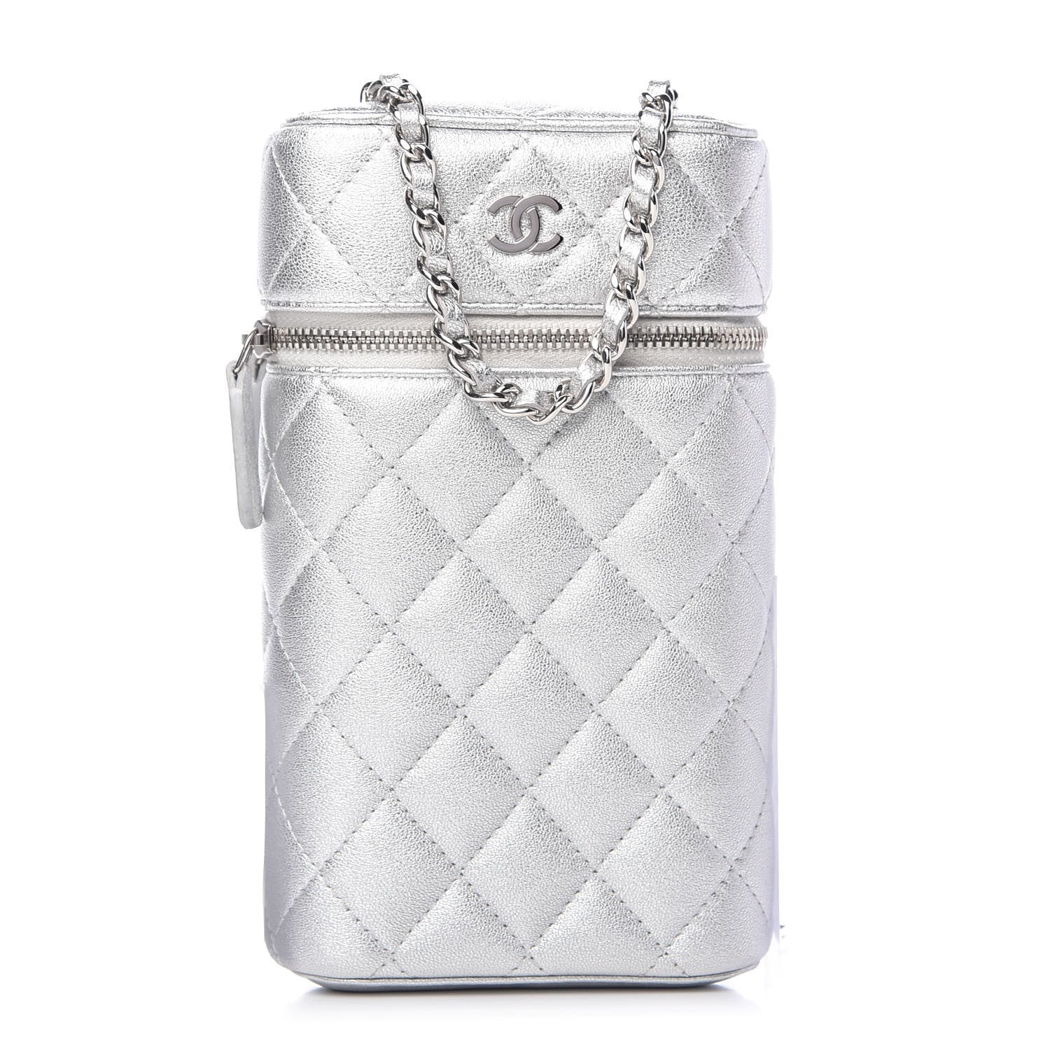 Chanel Metallic Lambskin Quilted Phone Holder With Chain Silver 1 of 10