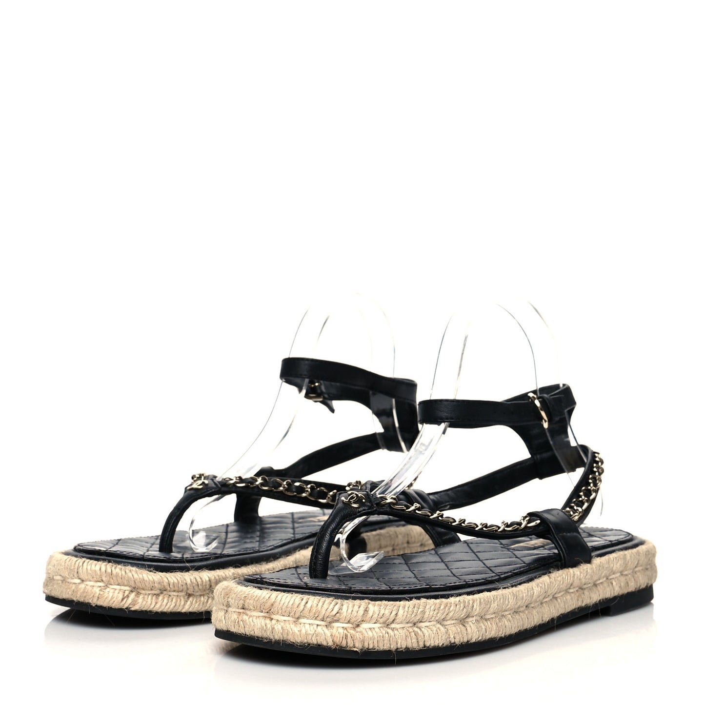 Lambskin Chain CC Thong Espadrille Sandals 40 Black