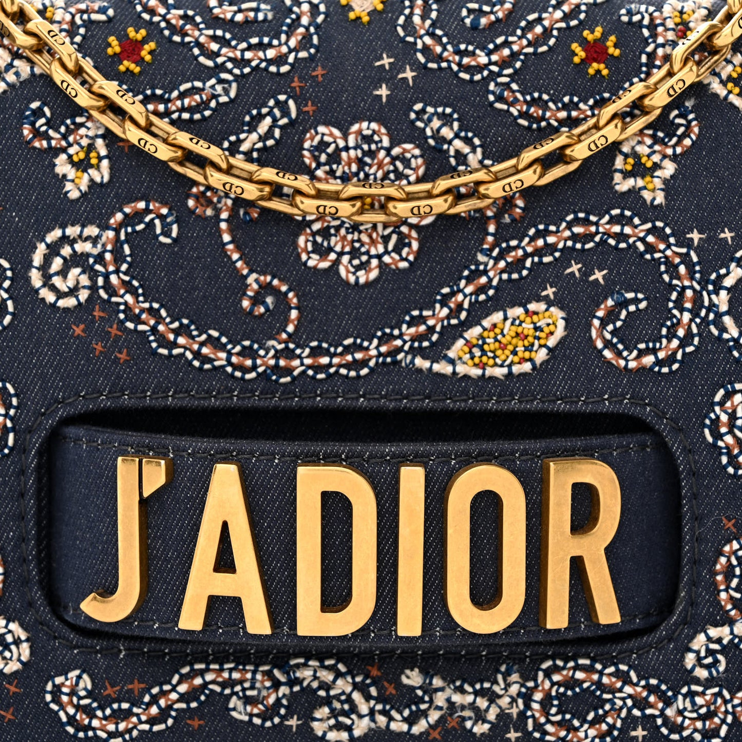 Denim Bead Embroidered J'Adior Chain Flap Bag Blue Multicolor