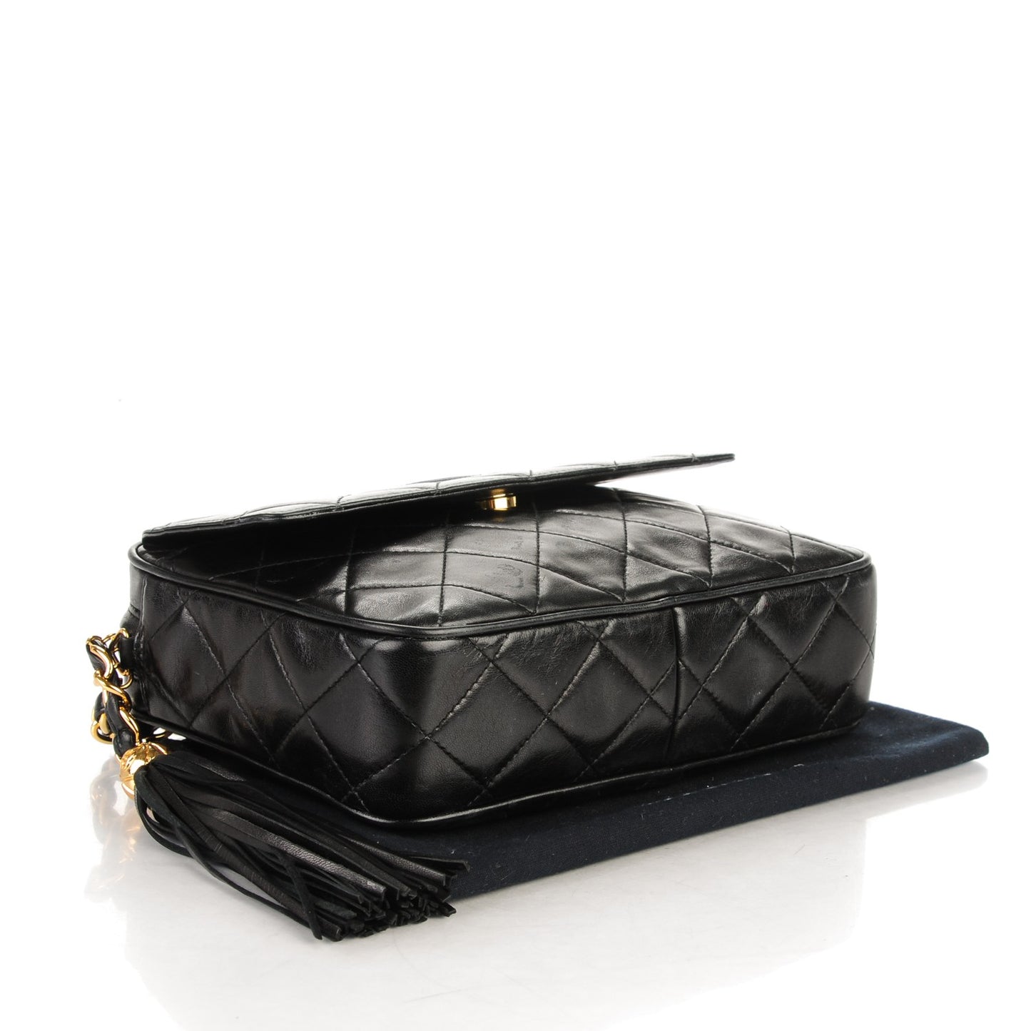 Lambskin Quilted Tassel Flap Camera Case Black