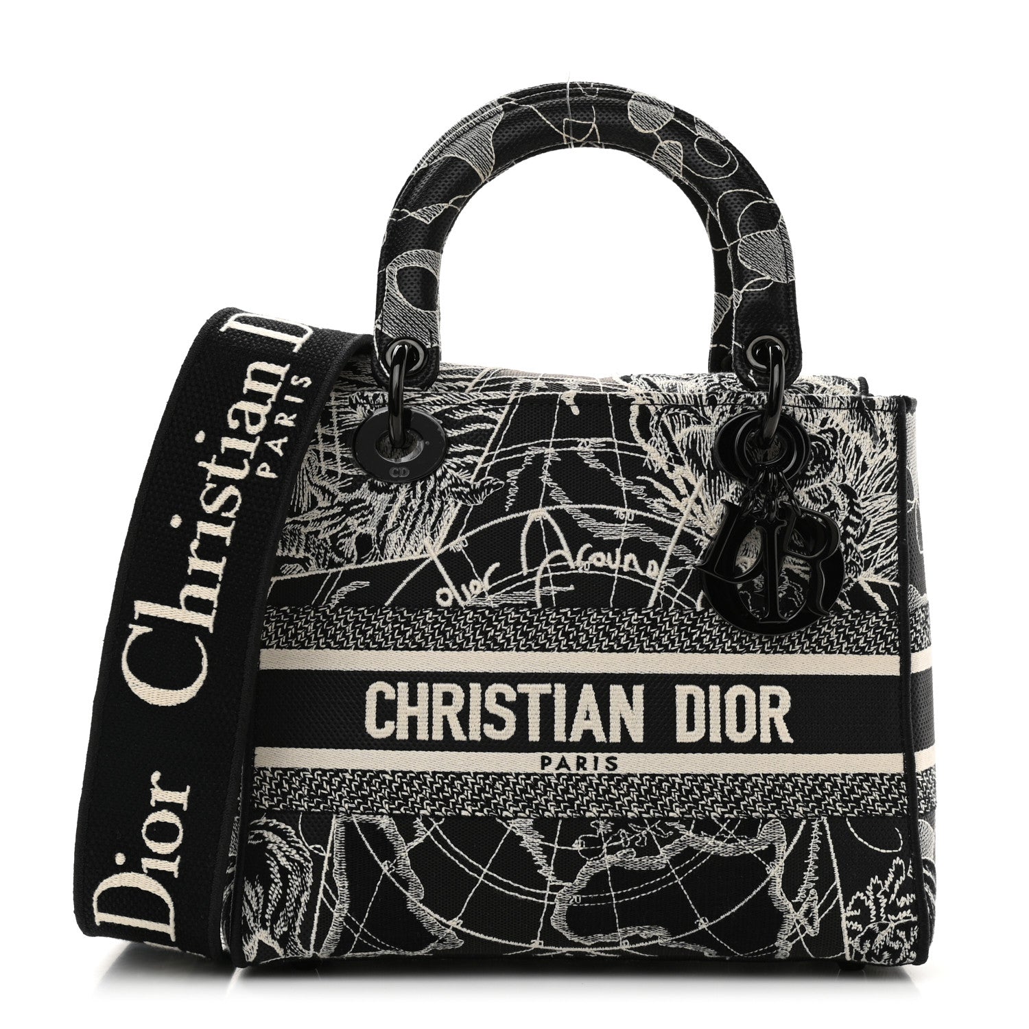 Christian Dior Toile de Jouy Embroidered Medium Lady D-Lite Black White 1 of 9