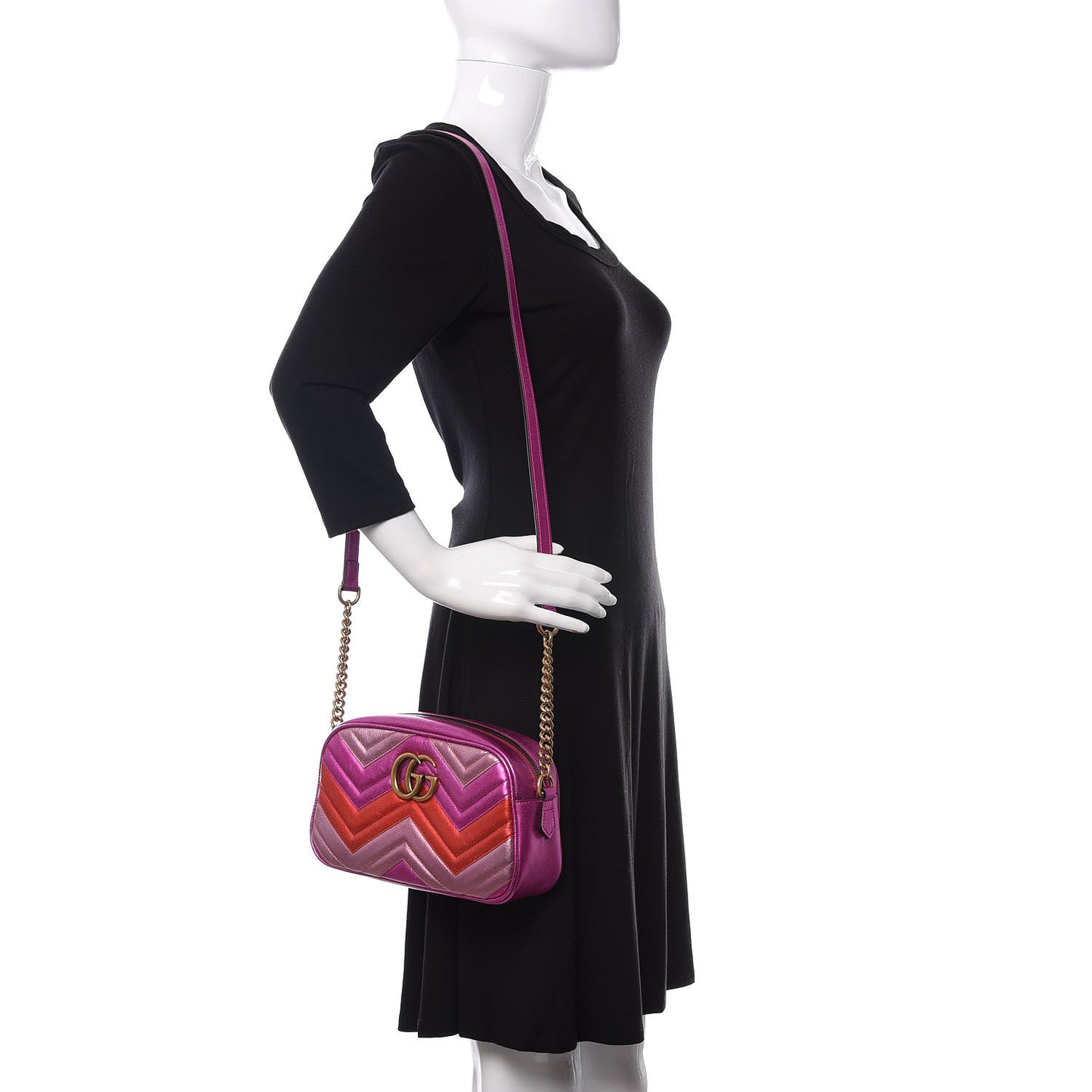 Laminated Nappa Matelasse Small GG Marmont Chain Shoulder Bag Fuxia Rosso Rosa