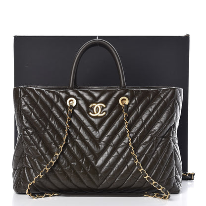 Chanel Aged Calfskin Chevron Large Coco Handle Shopping Tote Dark Green 8 of 8