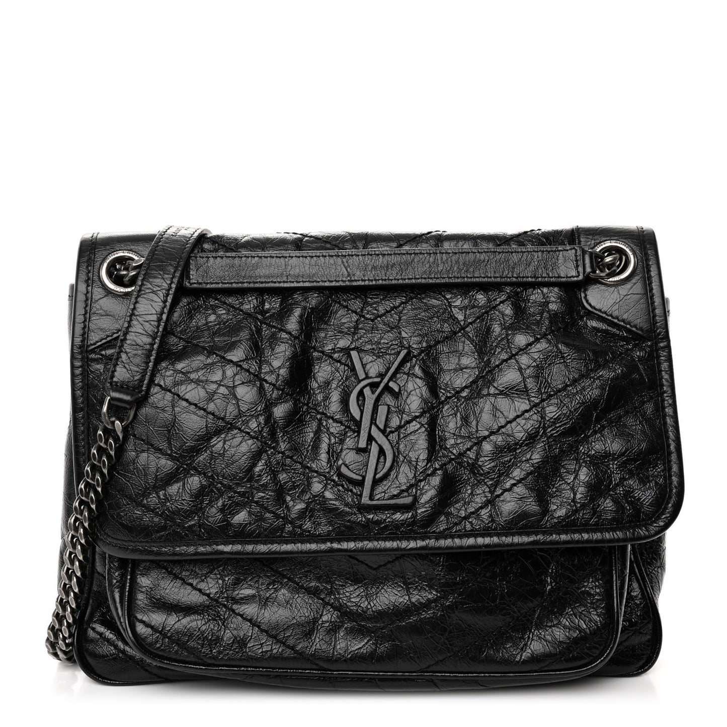 Crinkled Calfskin Matelasse Monogram Medium Niki Chain Satchel Black