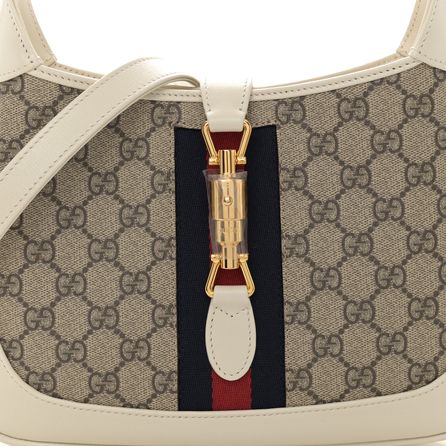 GG Supreme Monogram Azalea Calfskin Web Small Jackie 1961 Hobo Beige Ebony Mystic White