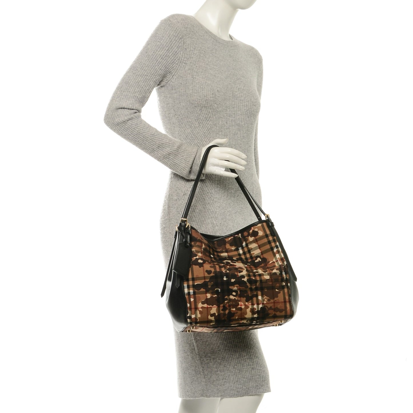 Nylon Calfskin Camouflage Check Small Canterbury Tote Black