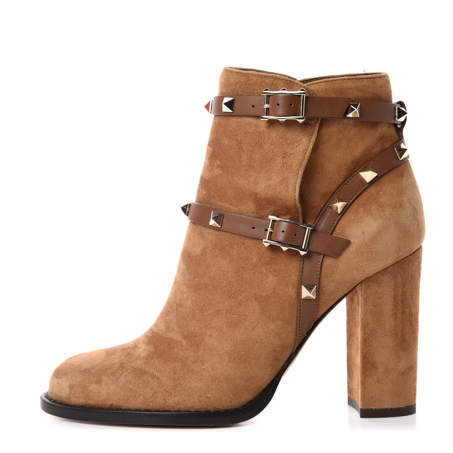 Valentino Garavani Suede Rockstud Double Buckle 100mm Block Heel Ankle Boots 36.5 Nocciola 1 of 9
