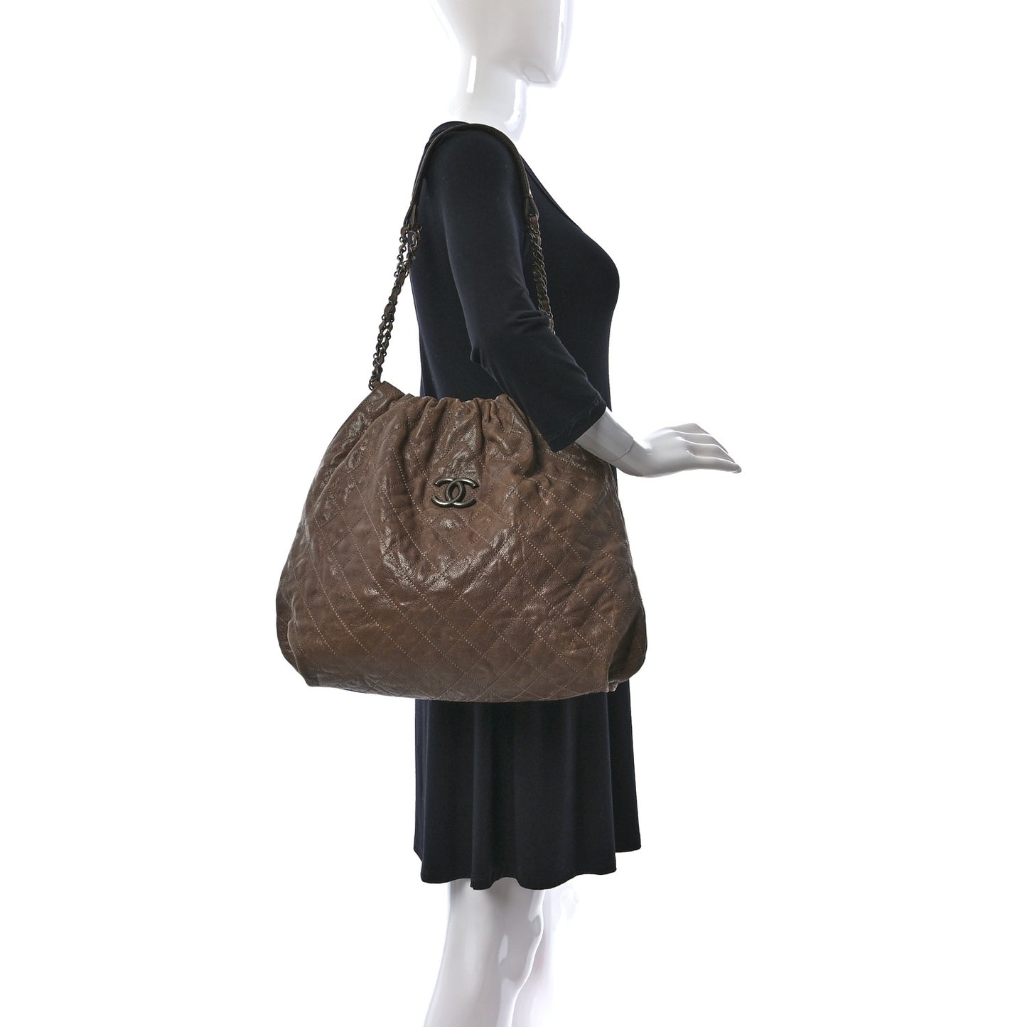 Distressed Glazed Caviar Quilted Large Elastic Tote Brown