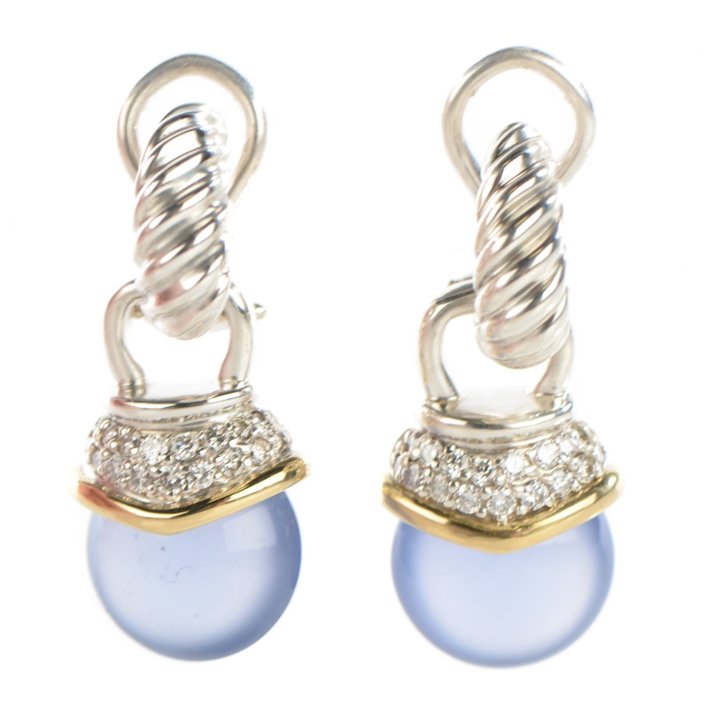 Sterling Silver 18K Yellow Gold Pave Diamond Chalcedony 27mm Acorn Drop Earrings