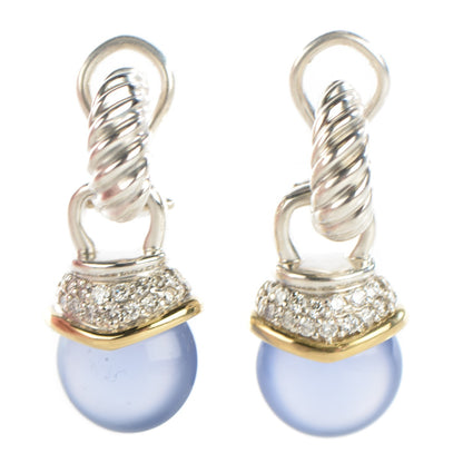 David Yurman Sterling Silver 18K Yellow Gold Pave Diamond Chalcedony 27mm Acorn Drop Earrings 1 of 3