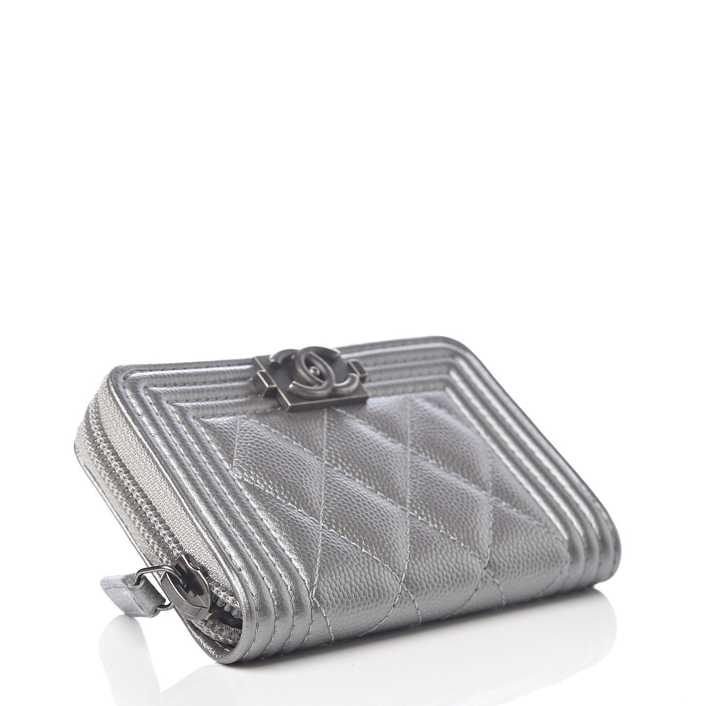 Metallic Caviar Quilted Boy Zip Around Coin Purse Wallet Silver