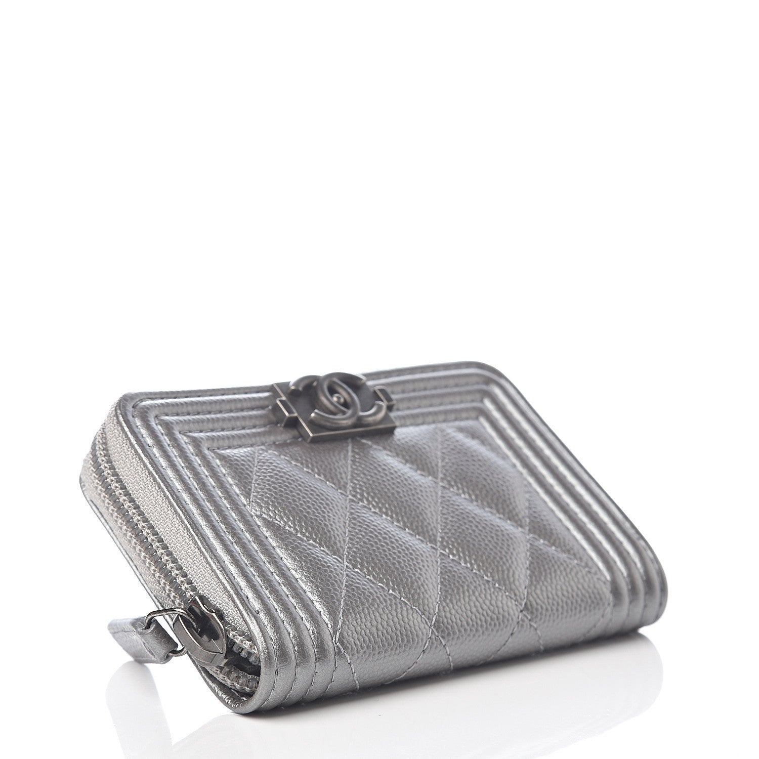 Chanel Metallic Caviar Quilted Boy Zip Around Coin Purse Wallet Silver 3 of 7
