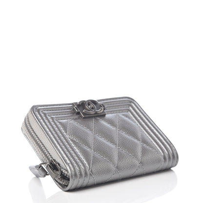 Chanel Metallic Caviar Quilted Boy Zip Around Coin Purse Wallet Silver 3 of 7