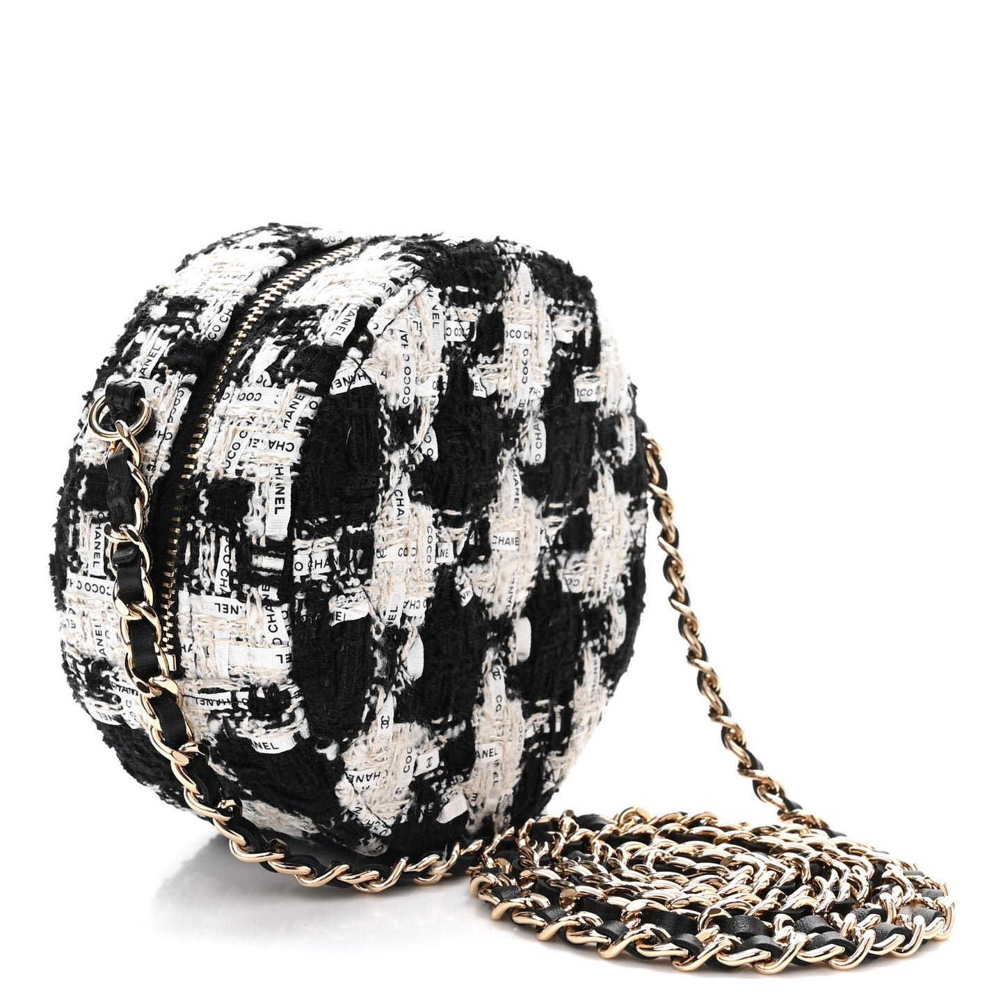 Tweed Quilted Round Clutch With Chain Black Ecru White