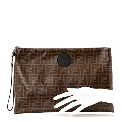 Fendi Glazed Fabric Vitello Century FF 1974 Stamp Patch Large Flat Pouch Mogano Panna Black 2 of 9
