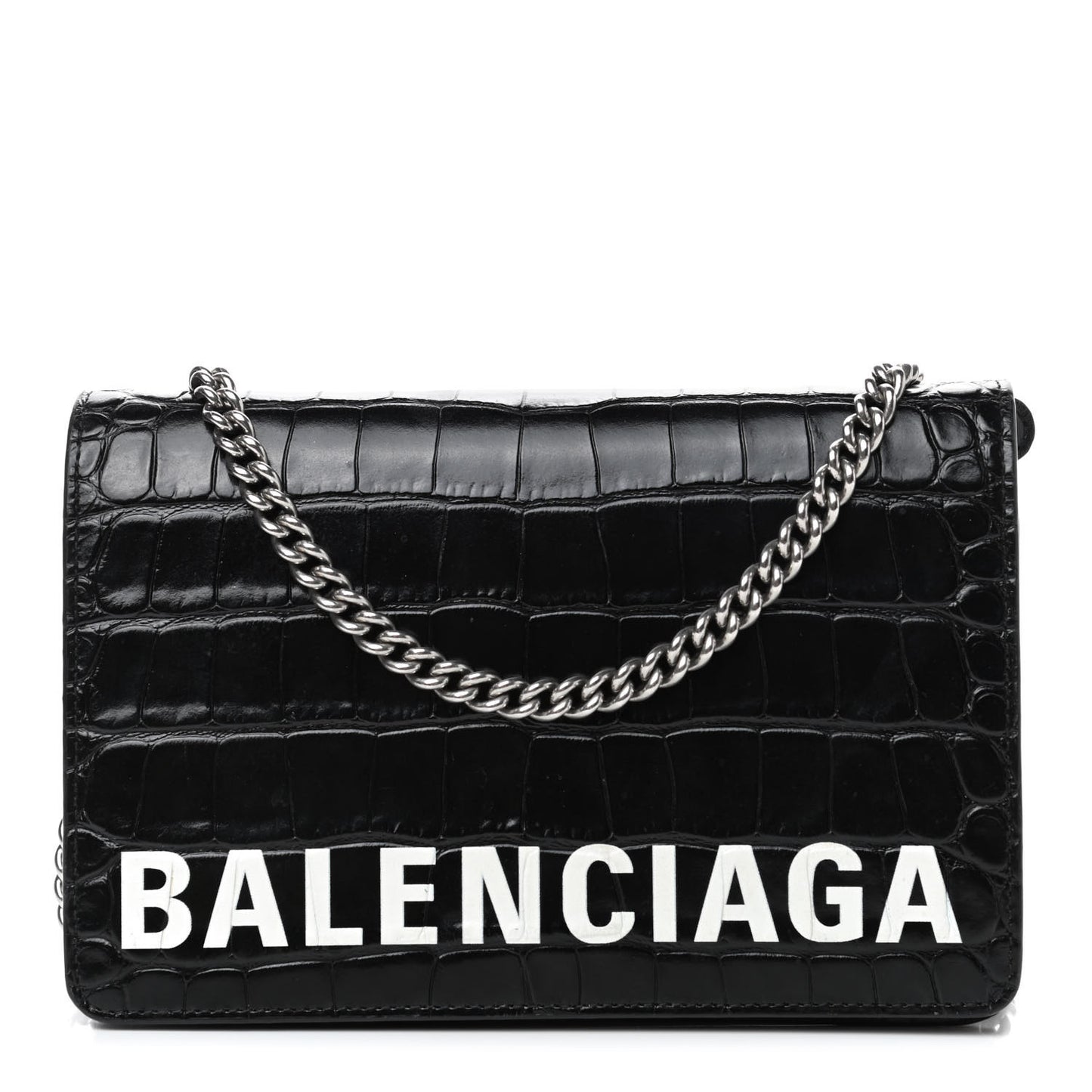 Shiny Calfskin Logo Crocodile Embossed Ville Wallet on Chain Black