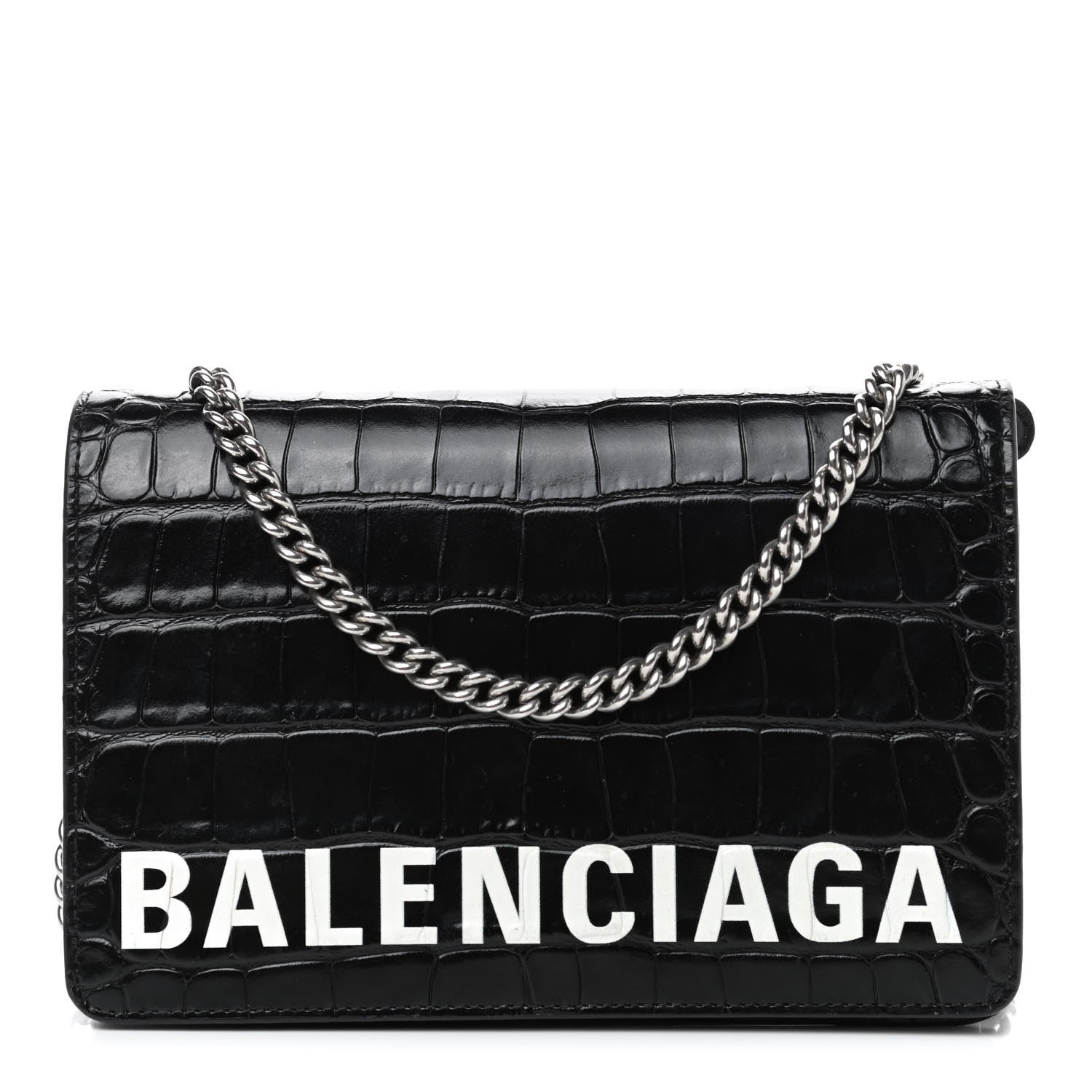 Balenciaga Shiny Calfskin Logo Crocodile Embossed Ville Wallet on Chain Black 1 of 5