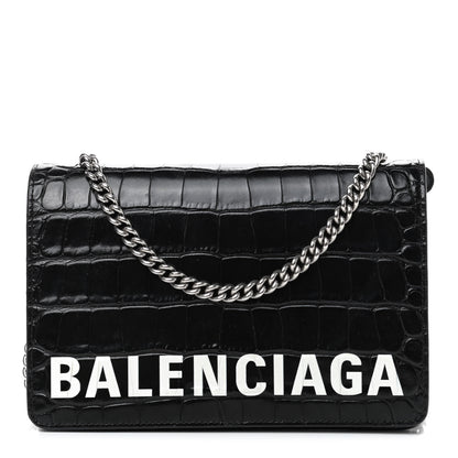 Balenciaga Shiny Calfskin Logo Crocodile Embossed Ville Wallet on Chain Black 1 of 5