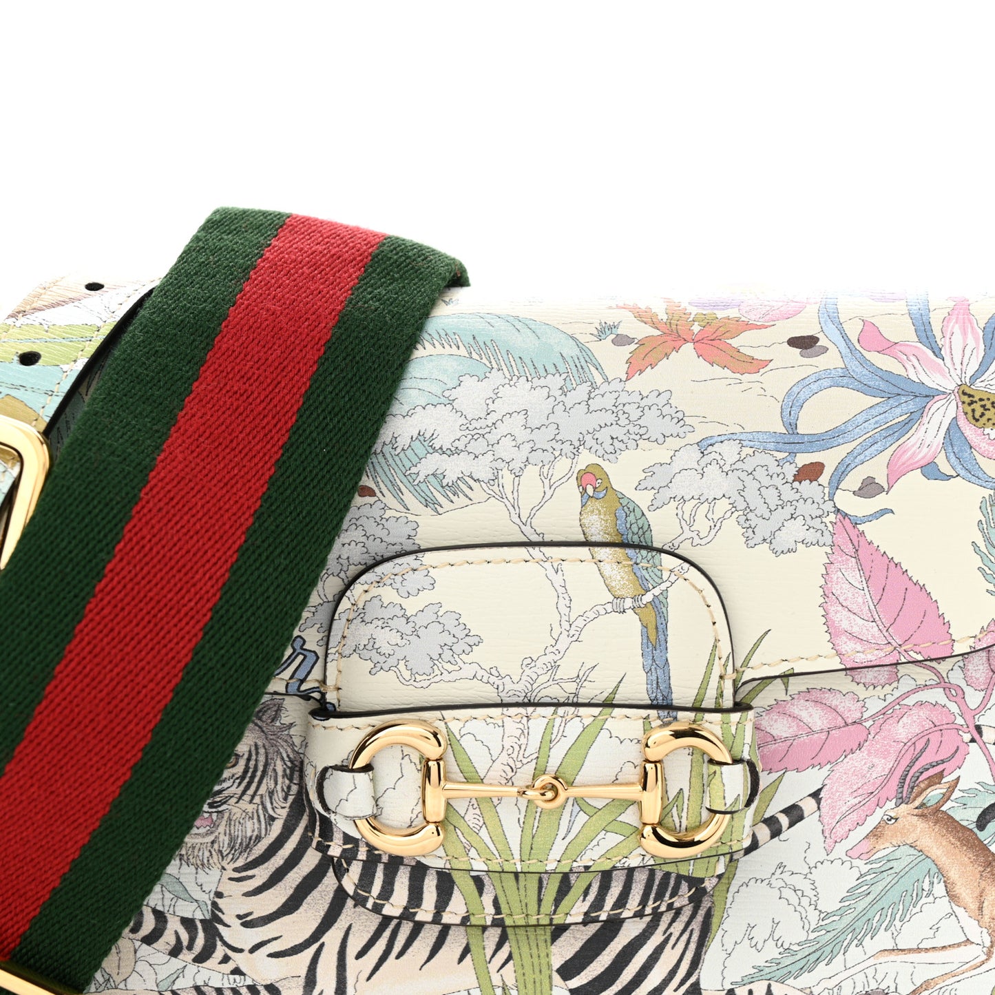 New Shangai Calfskin Tiger Savanah Web Mini Horsebit 1955 Shoulder Bag Chalky White Multicolor