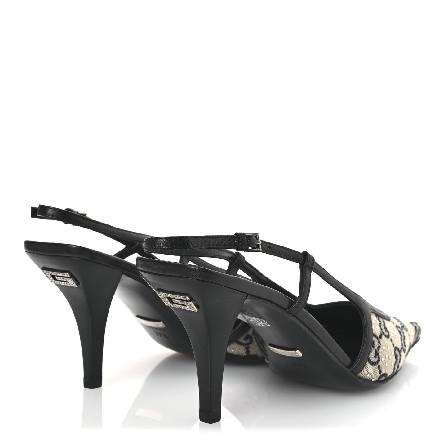 GG Monogram Malaga Kid Crystal Square G 75mm Slingback Pumps 37.5 Beige Blue
