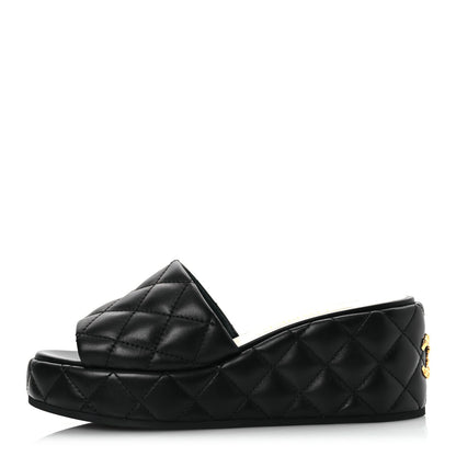 Chanel Lambskin Quilted Camelia CC Wedge Sandal Mules 39.5 Black 1 of 13