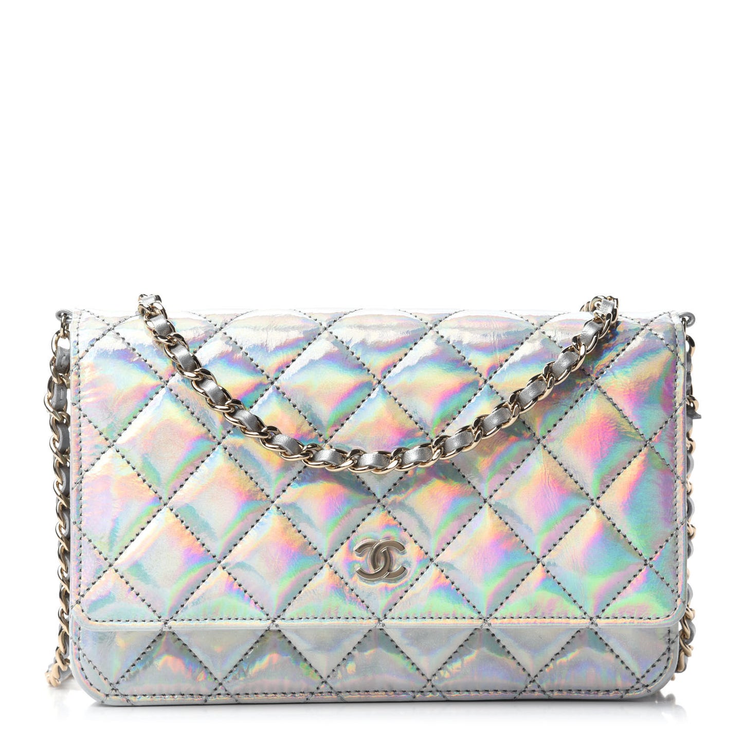 Iridescent Goatskin Quilted Wallet On Chain WOC Silver