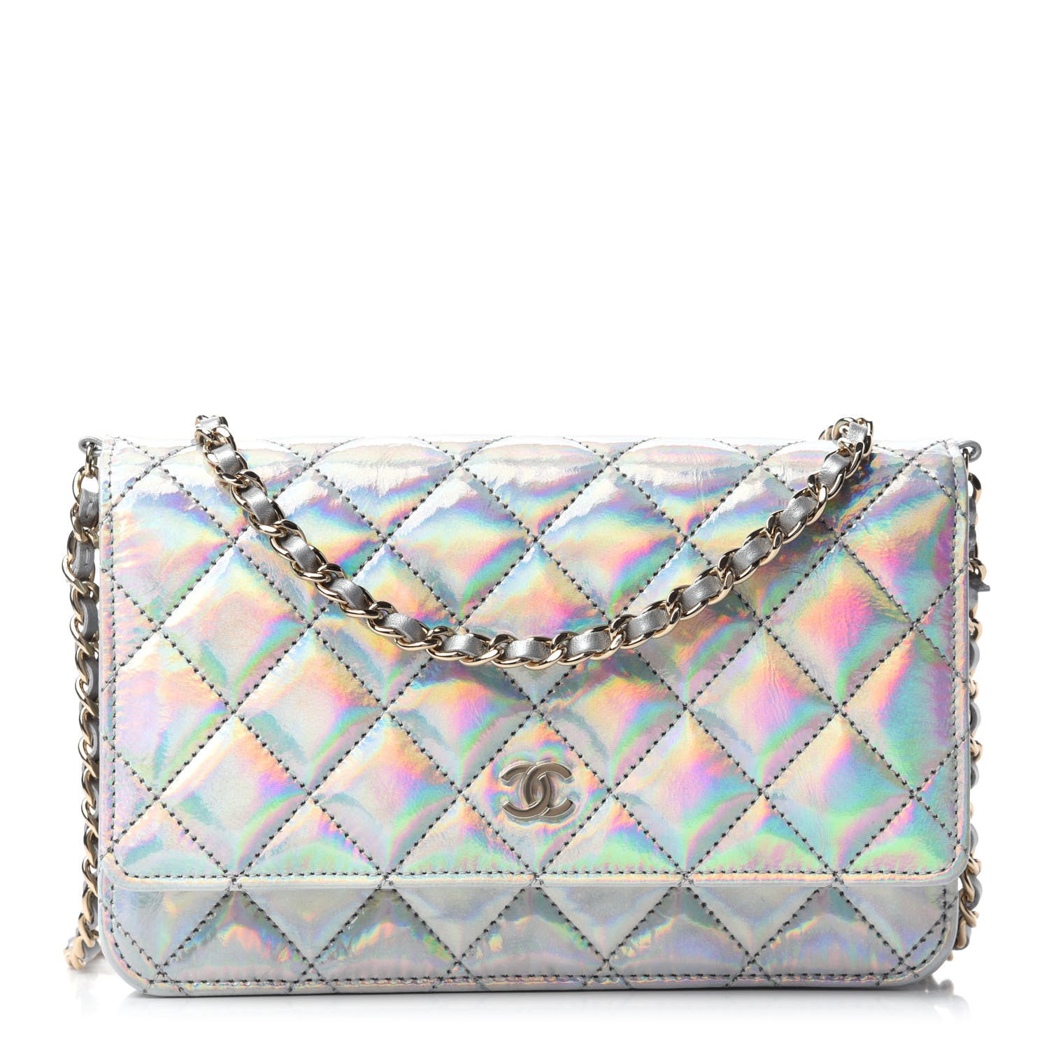 Chanel Iridescent Goatskin Quilted Wallet On Chain WOC Silver 1 of 12