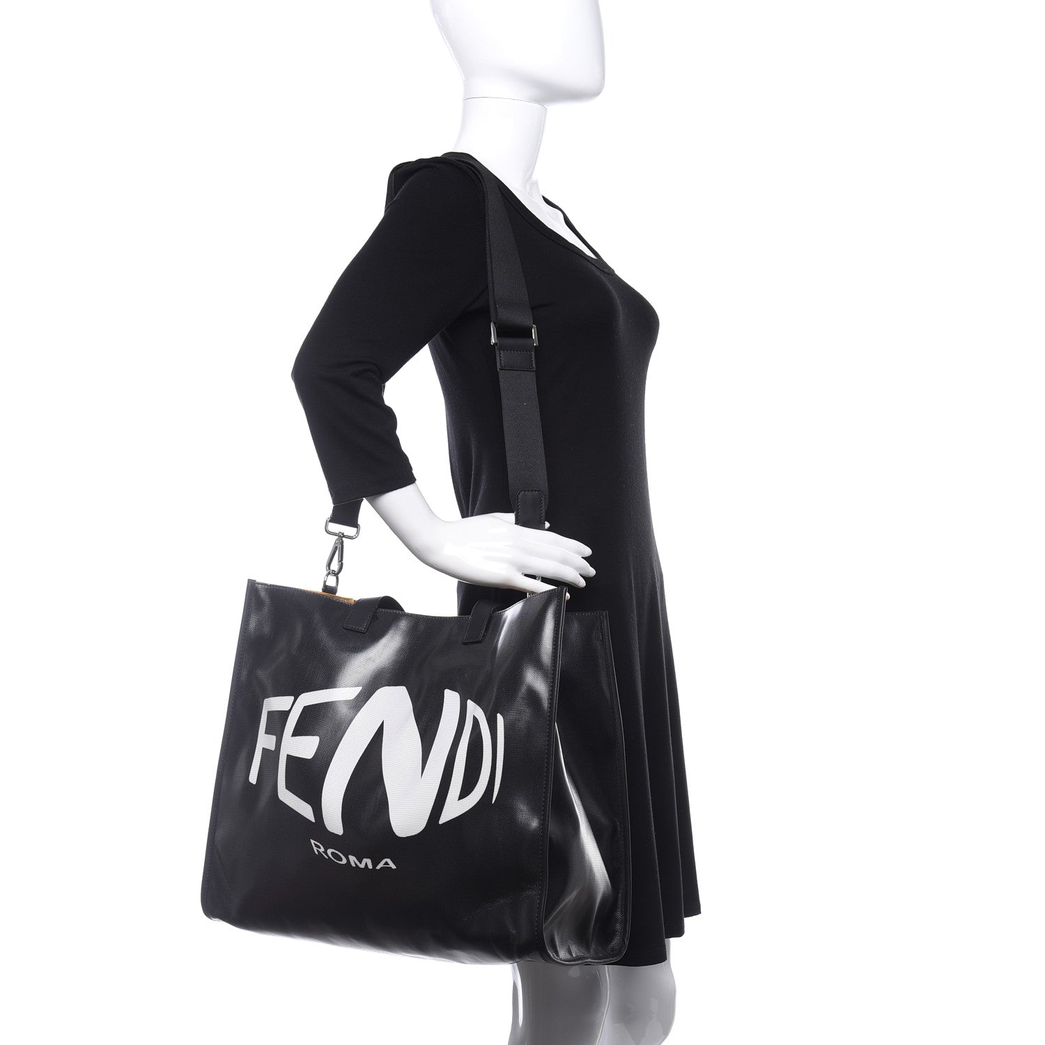 Fendi X SARAH COLEMAN Coated Canvas FF Fish Eye Logo Shopping Tote Black White 2 of 12