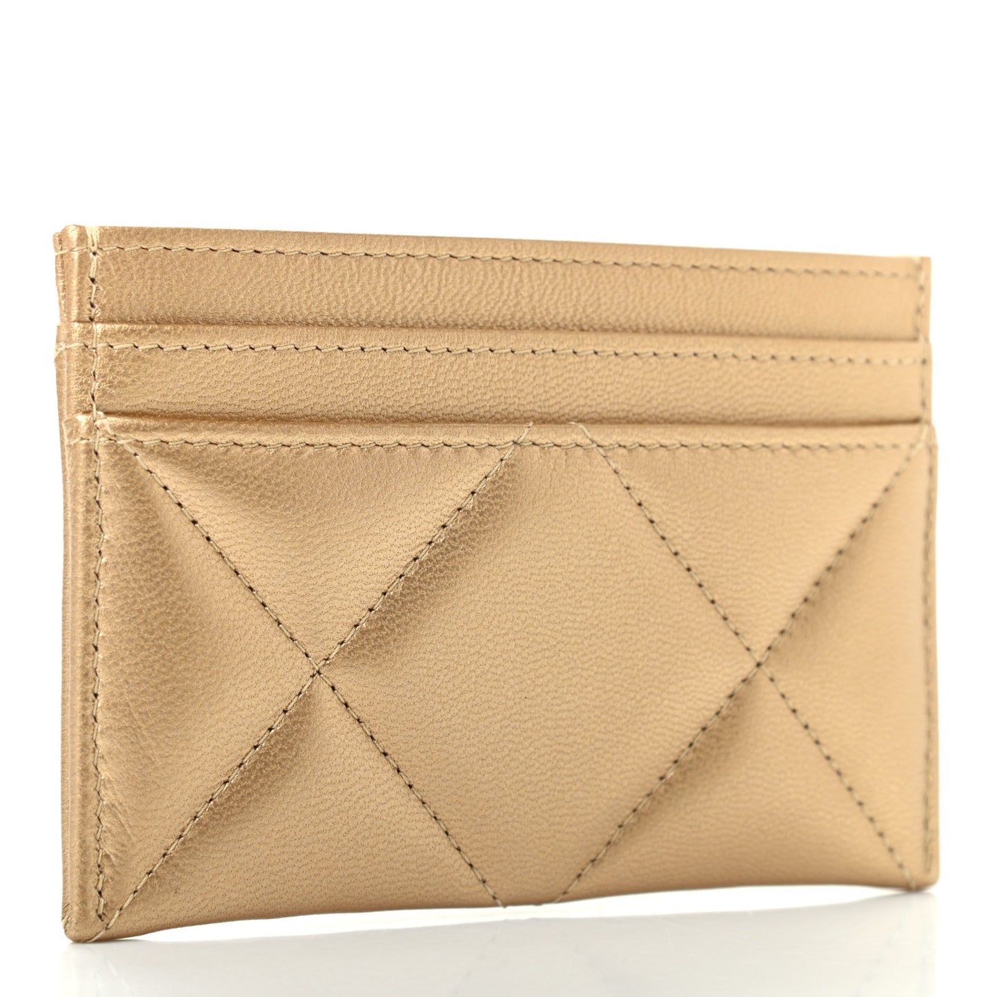 Metallic Lambskin Quilted Chanel 19 Card Holder Gold
